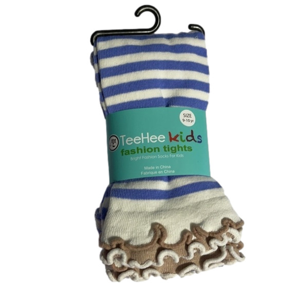 6/$20 ⭐️ NEW Girls Blue White Stripes Fashion Ruffled Hem Tights 9-10 years - Picture 2 of 2
